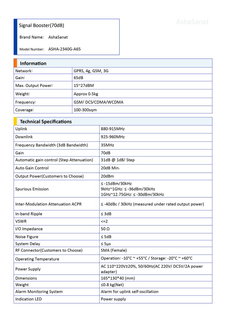Signal Booster(70dB)-table